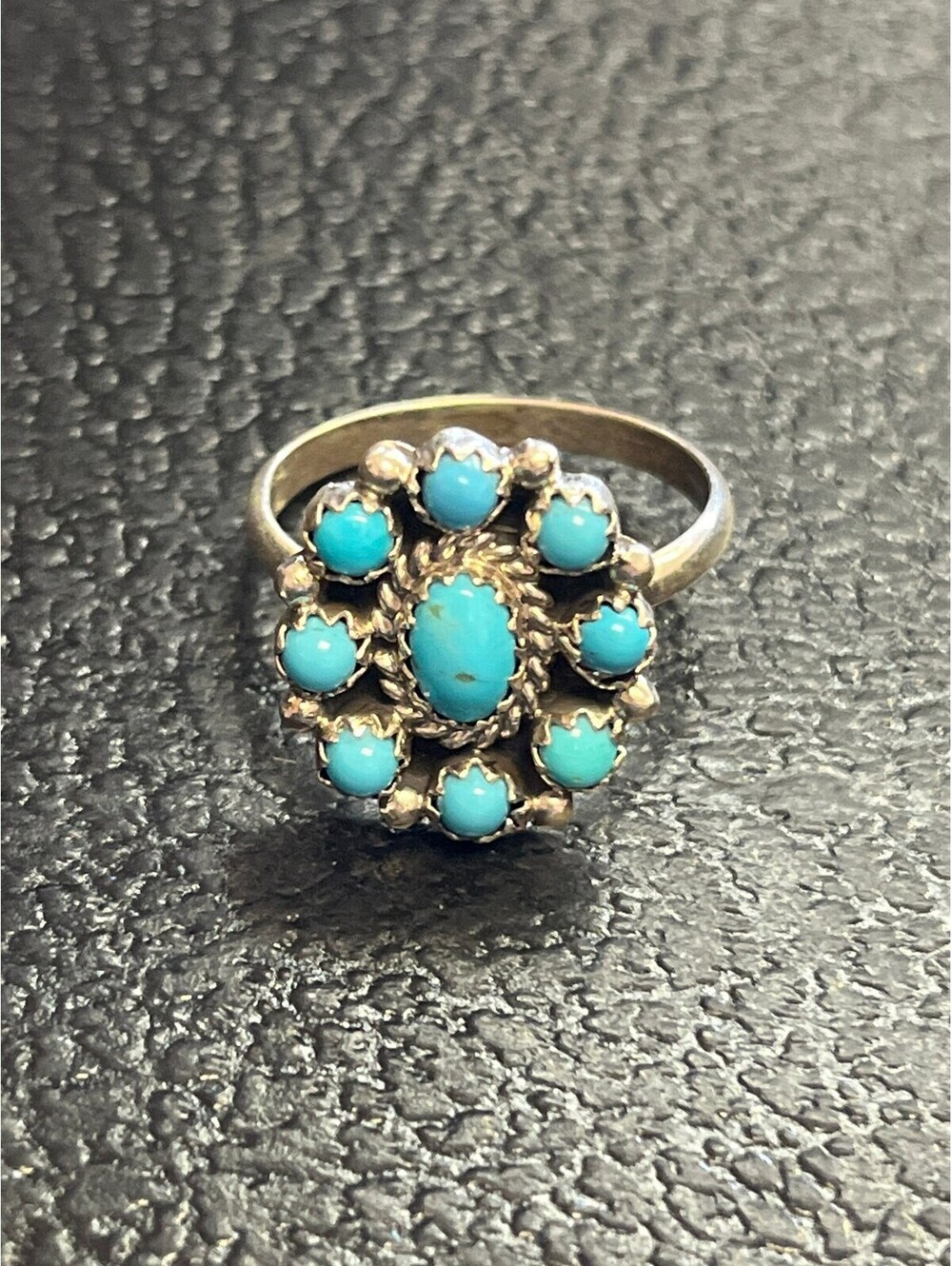 Navajo handmade turquoise sterling silver cluster ring size 7.5